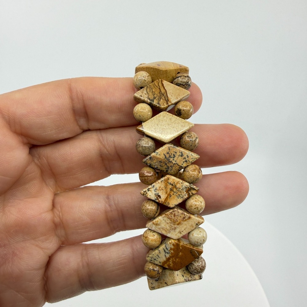 Earthy Natural Jasper Bead Stretch Bracelet Diamond Shape Boho Layering Gift